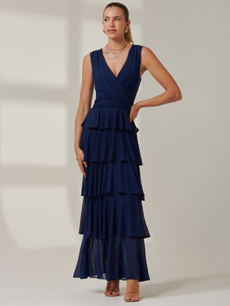 Jolie Moi Blue Plain Tiered Mesh Maxi Dress - Image 6 of 6