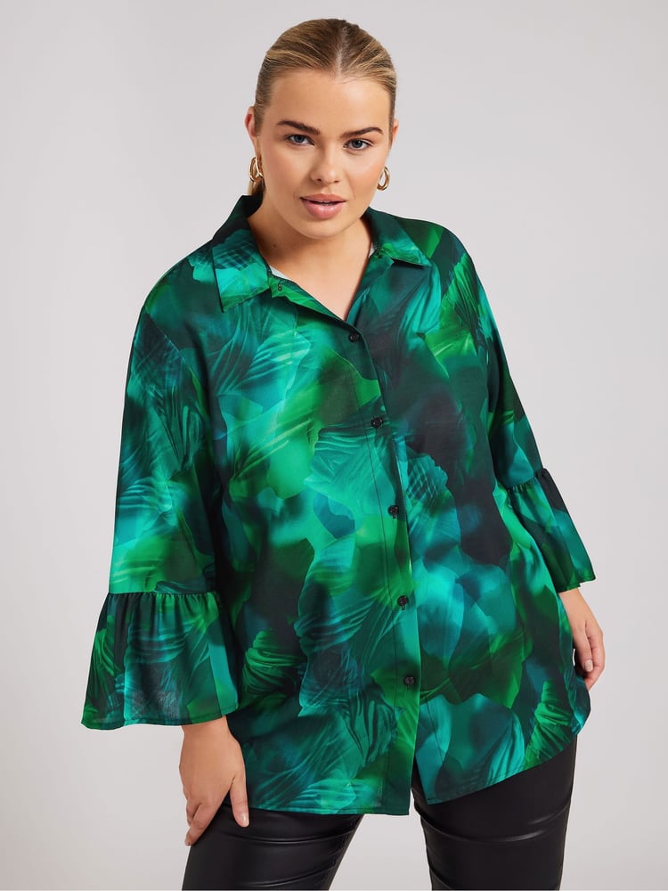Yours Curve Green London Abstract Ruffle Sleeve Shirt - Image 1 of 5