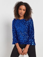 M&Co Blue Sequin Flute Sleeve Top - Image 1 of 5