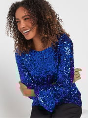 M&Co Blue Sequin Flute Sleeve Top - Image 4 of 5