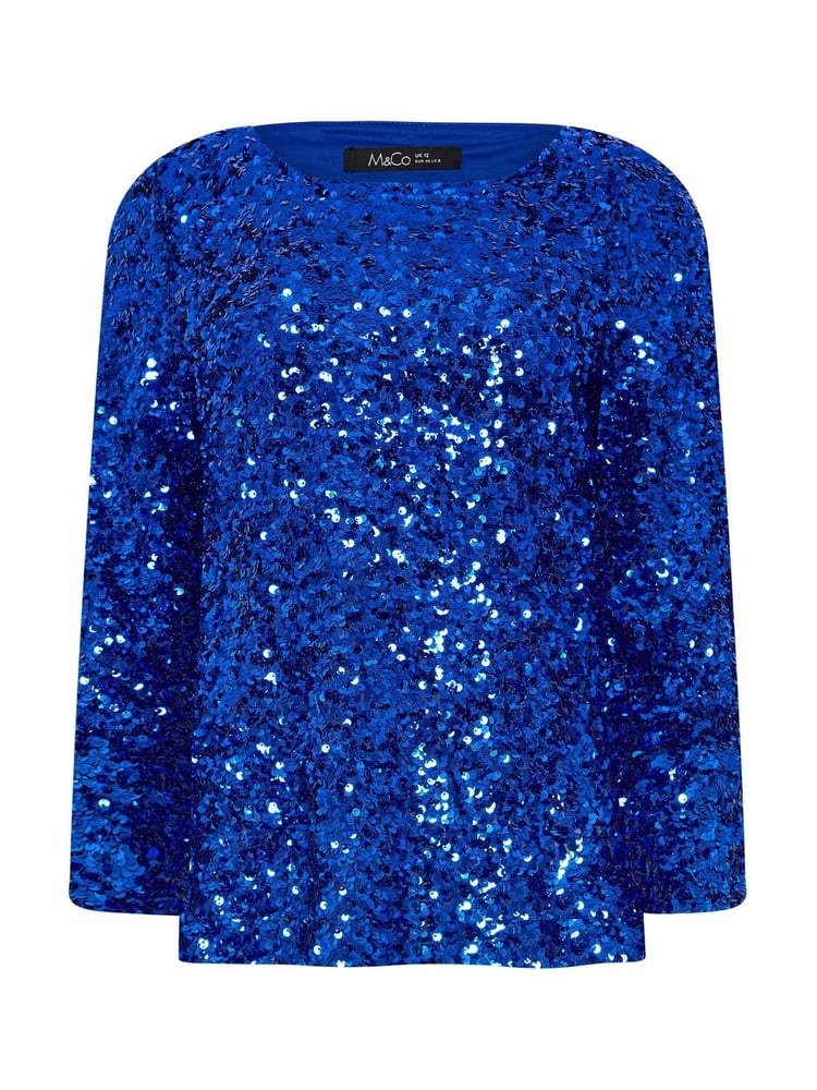 M&Co Blue Sequin Flute Sleeve Top - Image 5 of 5