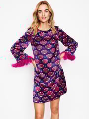 Boden Pink Faux Fur Feather Trim Short Dress - Image 2 of 6