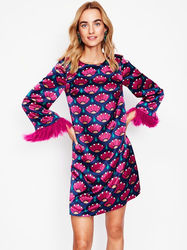 Boden Pink Faux Fur Feather Trim Short Dress - Image 2 of 6