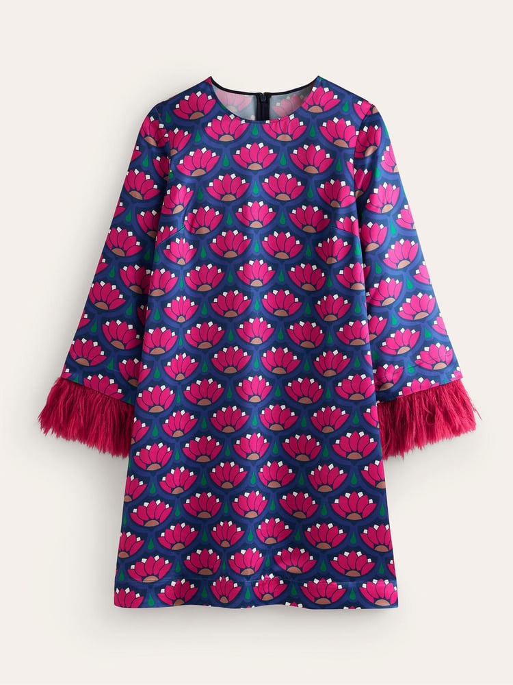 Boden Pink Faux Fur Feather Trim Short Dress - Image 6 of 6