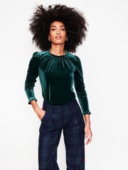Boden Green Velvet Frill Neck Top - Image 2 of 5