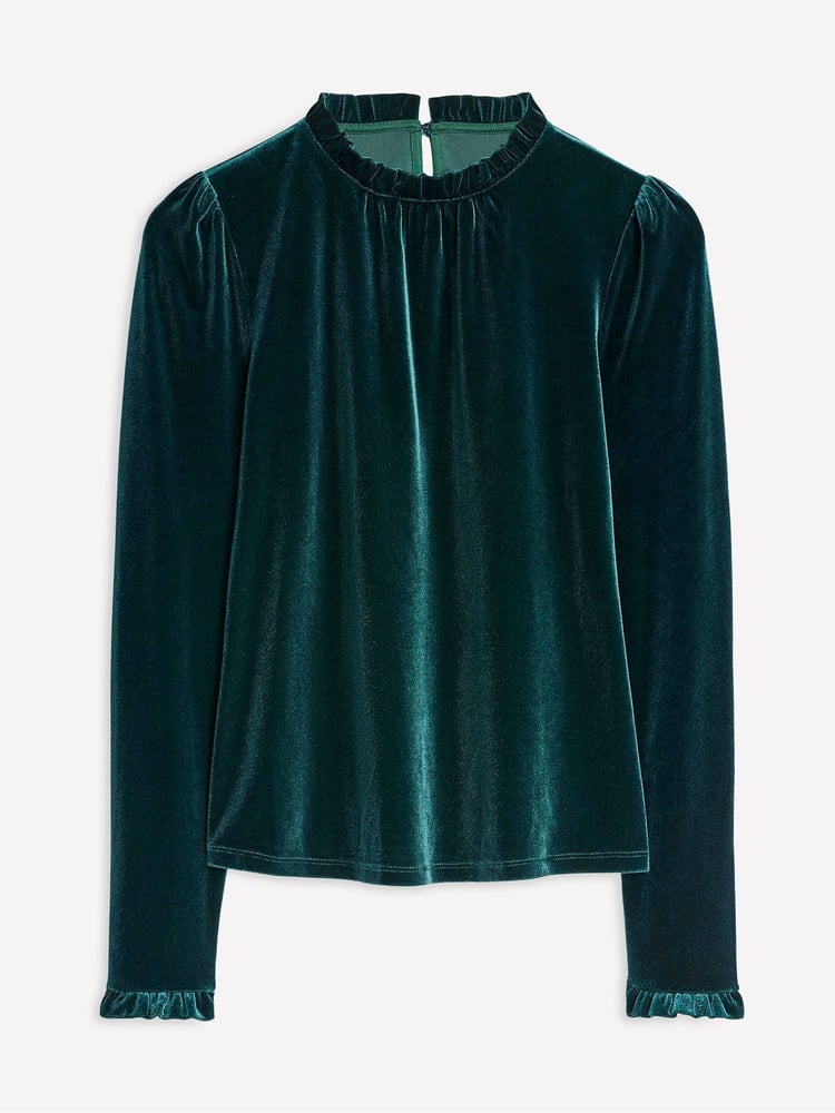Boden Green Velvet Frill Neck Top - Image 5 of 5