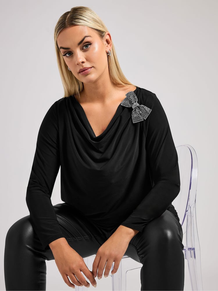 Yours Curve Black London Diamante Bow Cowl Top - Image 1 of 6