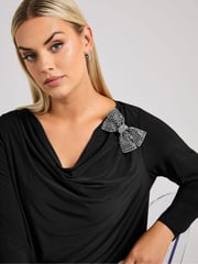 Yours Curve Black London Diamante Bow Cowl Top - Image 5 of 6