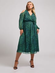 Yours Curve Green London Animal Print Cold Shoulder Dress - Image 1 of 5