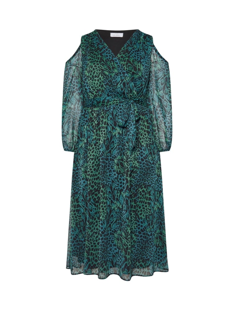 Yours Curve Green London Animal Print Cold Shoulder Dress - Image 5 of 5