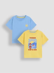 JoJo Maman Bébé Yellow Surf & Sun Graphic Printed and Plain T-Shirts 2 Pack - Image 1 of 5