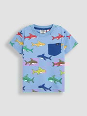 JoJo Maman Bébé Blue Shark 100% Cotton Printed & Plain T-Shirts 2 Pack - Image 2 of 5