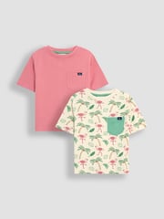 JoJo Maman Bébé Ecru Flamingo 2-Pack Printed & Plain T-Shirts - Image 1 of 5