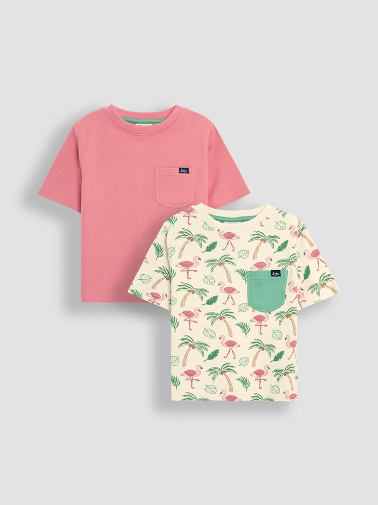JoJo Maman Bébé Ecru Flamingo 2-Pack Printed & Plain T-Shirts - Image 1 of 5
