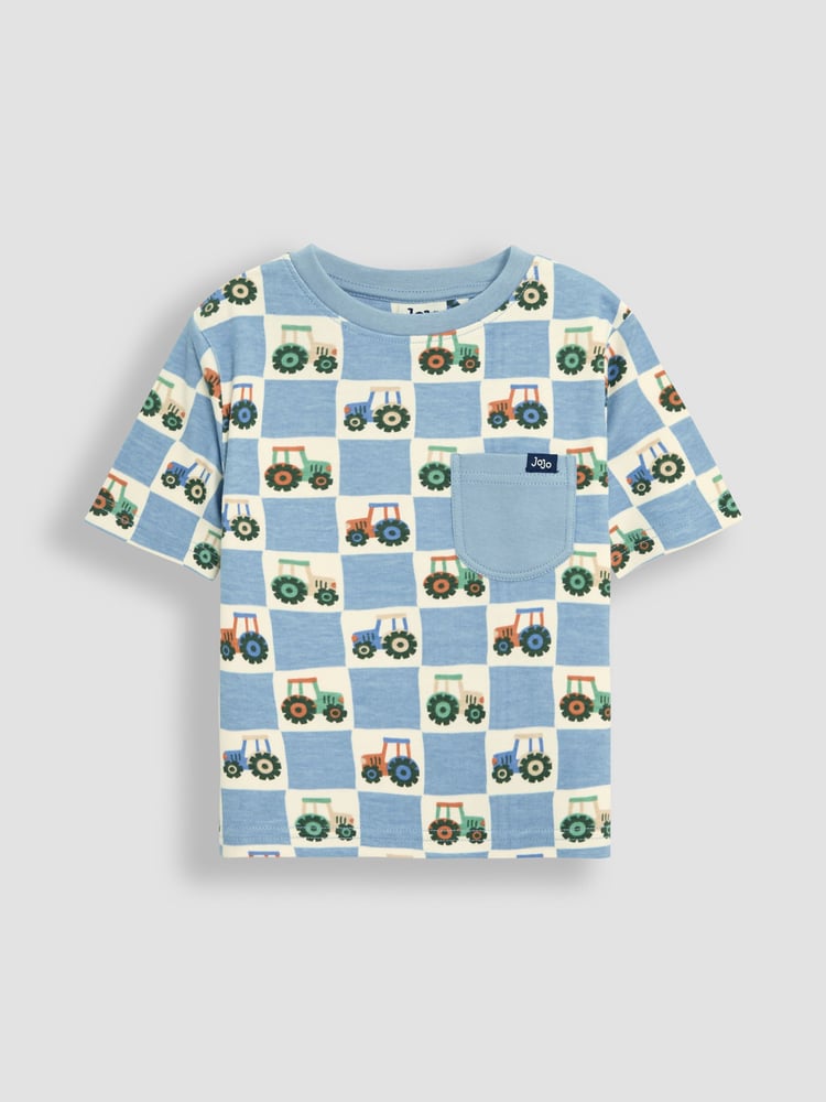 JoJo Maman Bébé Blue Tractor Checkerboard 2-Pack Printed & Plain T-Shirts - Image 2 of 5