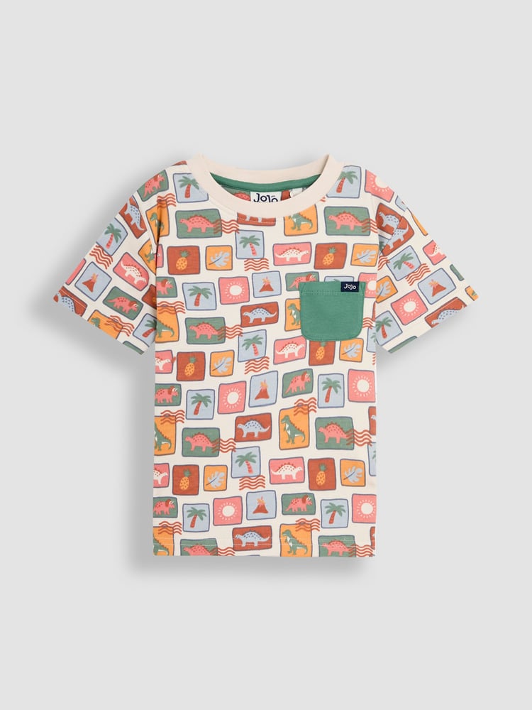 JoJo Maman Bébé Stone Dino Stamp 2-Pack Printed & Plain T-Shirts - Image 2 of 6
