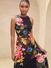 Lipsy Black Petite Floral Printed Chiffon Fit And Flare Midi Dress - Image 2 of 4