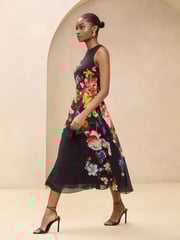 Lipsy Black Petite Floral Printed Chiffon Fit And Flare Midi Dress - Image 3 of 4