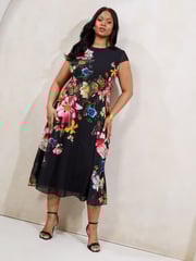 Lipsy Black Curve Floral Printed Chiffon Fit And Flare Midi Dress - Image 1 of 4