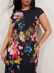 Lipsy Black Curve Floral Printed Chiffon Fit And Flare Midi Dress - Image 2 of 4