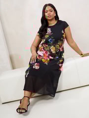 Lipsy Black Curve Floral Printed Chiffon Fit And Flare Midi Dress - Image 3 of 4