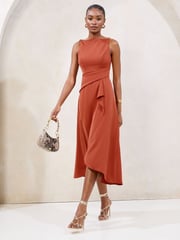 Lipsy Rust Wrap Metal Trim Fit And Flare Midi Dress - Image 1 of 4