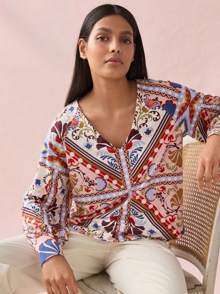 Multi Tile Print Long Sleeve V-Neck Jersey Blouse - Image 1 of 9