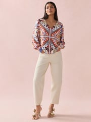 Multi Tile Print Long Sleeve V-Neck Jersey Blouse - Image 2 of 9