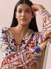 Multi Tile Print Long Sleeve V-Neck Jersey Blouse - Image 4 of 9