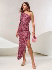Lipsy Pink Rose Printed Bow Trim One Shoulder Mesh Midi Dress - Image 1 of 5