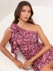 Lipsy Pink Rose Printed Bow Trim One Shoulder Mesh Midi Dress - Image 4 of 5