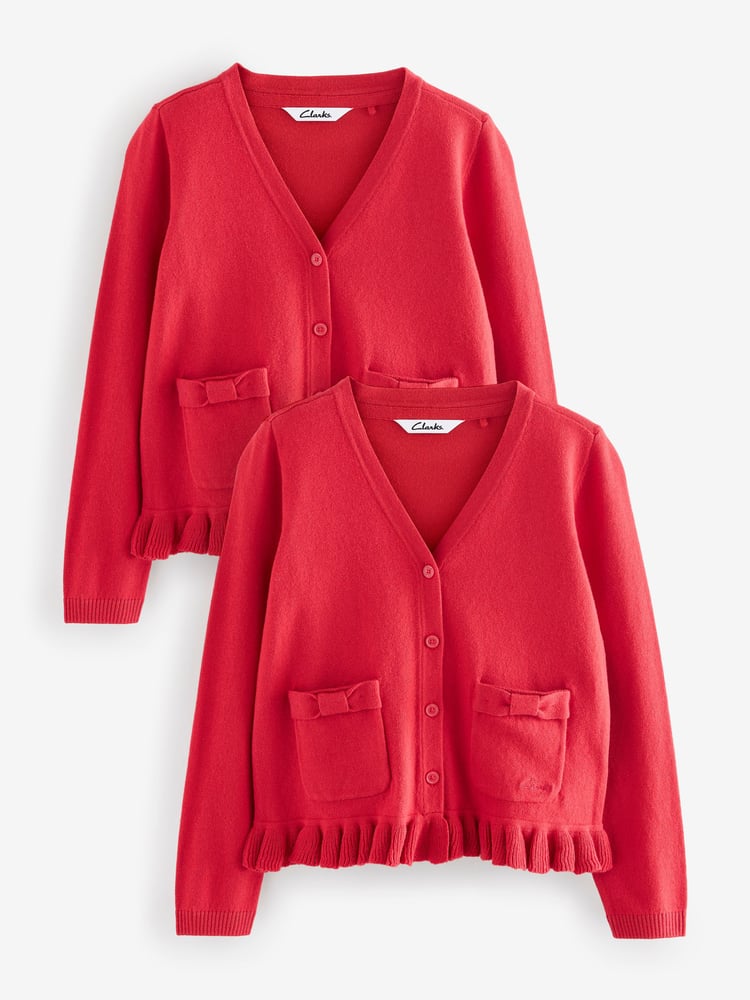 Clarks Red Girls Bow Knitted School Cardigans 2 Pack - Image 1 of 6