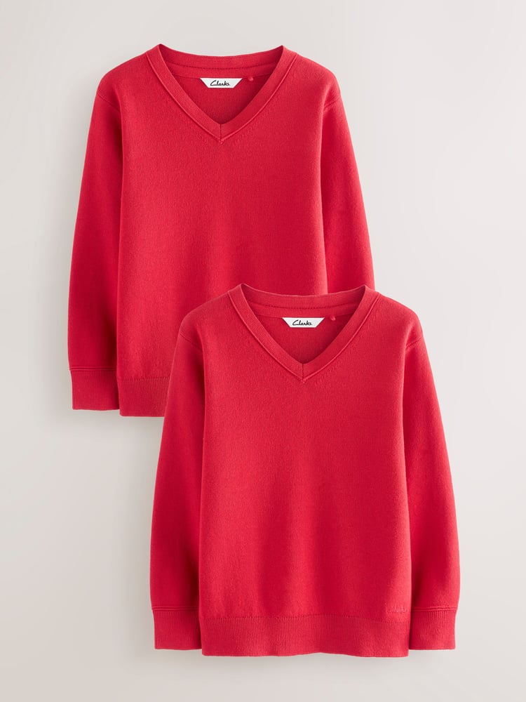 Clarks Red Unisex Knitted School Jumpers 2 Pack - Image 1 of 6