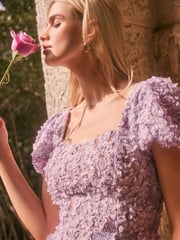 Lipsy Purple Lilac Textured 3D Floral Short Sleeve Skater Mini Dress - Image 2 of 5
