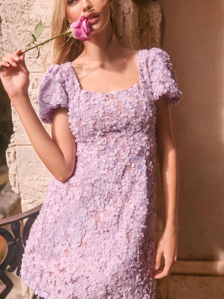 Lipsy Purple Lilac Textured 3D Floral Short Sleeve Skater Mini Dress - Image 5 of 5