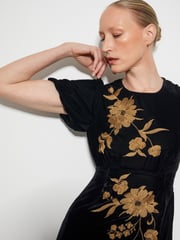 Monsoon Black Kendra Embroidered Floral Velvet Midi Dress - Image 2 of 5