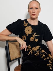 Monsoon Black Kendra Embroidered Floral Velvet Midi Dress - Image 4 of 5