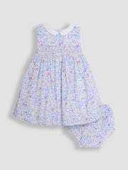 JoJo Maman Bébé Pink Cherry Ditsy Floral Print Smocked Sleeveless Summer 100% Cotton Dress - Image 1 of 4
