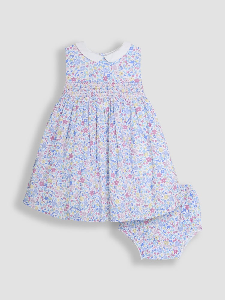 JoJo Maman Bébé Pink Cherry Ditsy Floral Print Smocked Sleeveless Summer 100% Cotton Dress - Image 1 of 4
