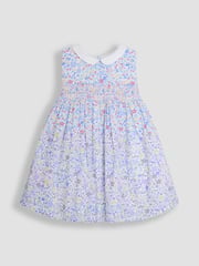 JoJo Maman Bébé Pink Cherry Ditsy Floral Print Smocked Sleeveless Summer 100% Cotton Dress - Image 2 of 4