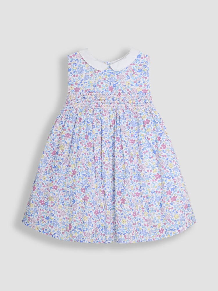 JoJo Maman Bébé Pink Cherry Ditsy Floral Print Smocked Sleeveless Summer 100% Cotton Dress - Image 2 of 4