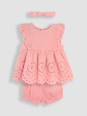 JoJo Maman Bébé Pink Broderie Ruffle Sleeve Dress 100% Cotton Bloomers and Headband Set 3 Piece - Image 1 of 6