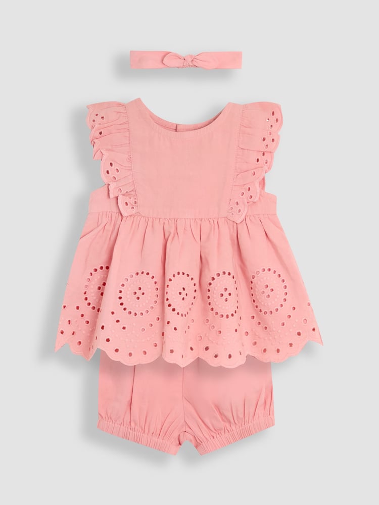 JoJo Maman Bébé Pink Broderie Ruffle Sleeve Dress 100% Cotton Bloomers and Headband Set 3 Piece - Image 1 of 6