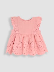 JoJo Maman Bébé Pink Broderie Ruffle Sleeve Dress 100% Cotton Bloomers and Headband Set 3 Piece - Image 2 of 6