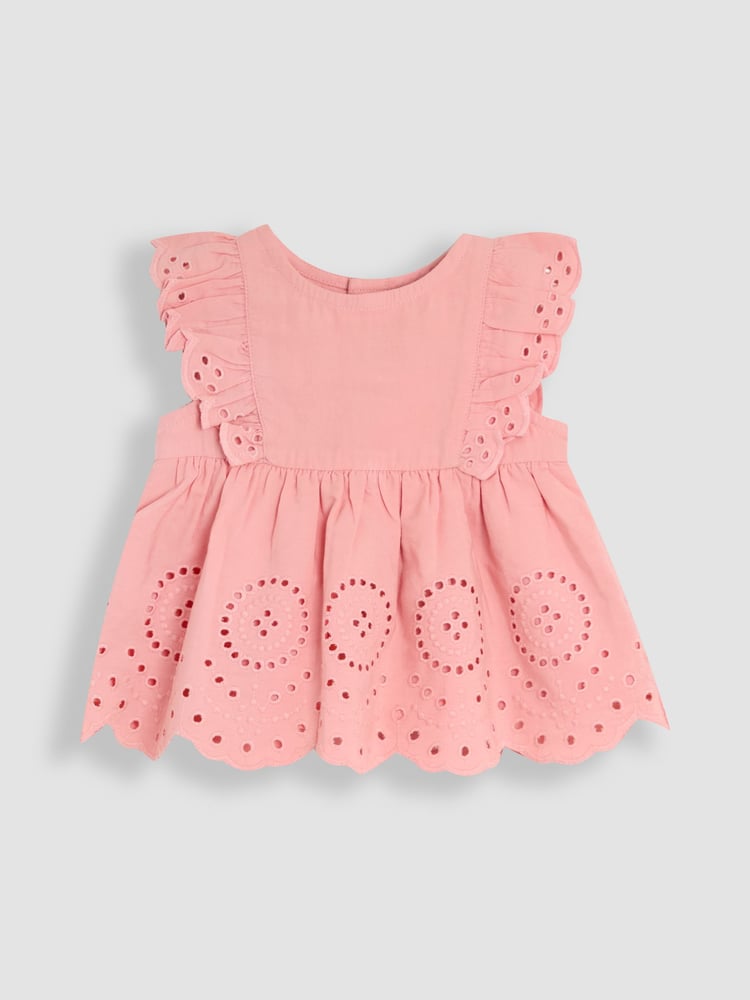 JoJo Maman Bébé Pink Broderie Ruffle Sleeve Dress 100% Cotton Bloomers and Headband Set 3 Piece - Image 2 of 6