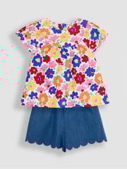 JoJo Maman Bébé Fucshia Pink 2-Piece Floral Frill Sleeve Blouse & Shorts Set - Image 1 of 6