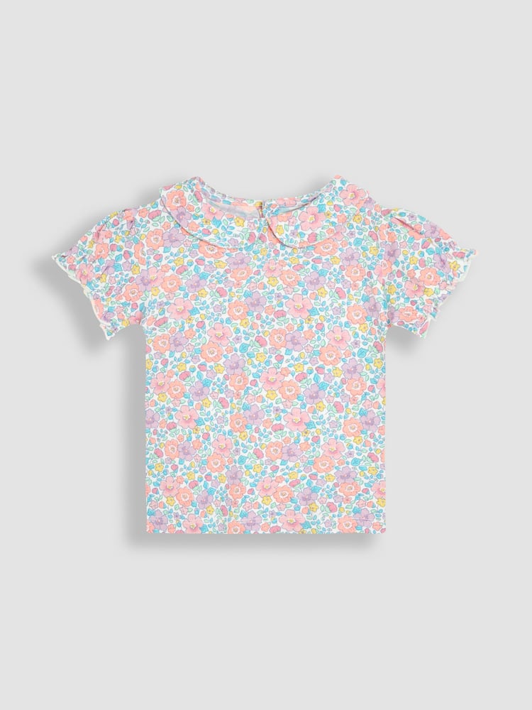 JoJo Maman Bébé Lilac Purple Floral 2-Pack Puff Sleeve Collared T-Shirts - Image 2 of 5