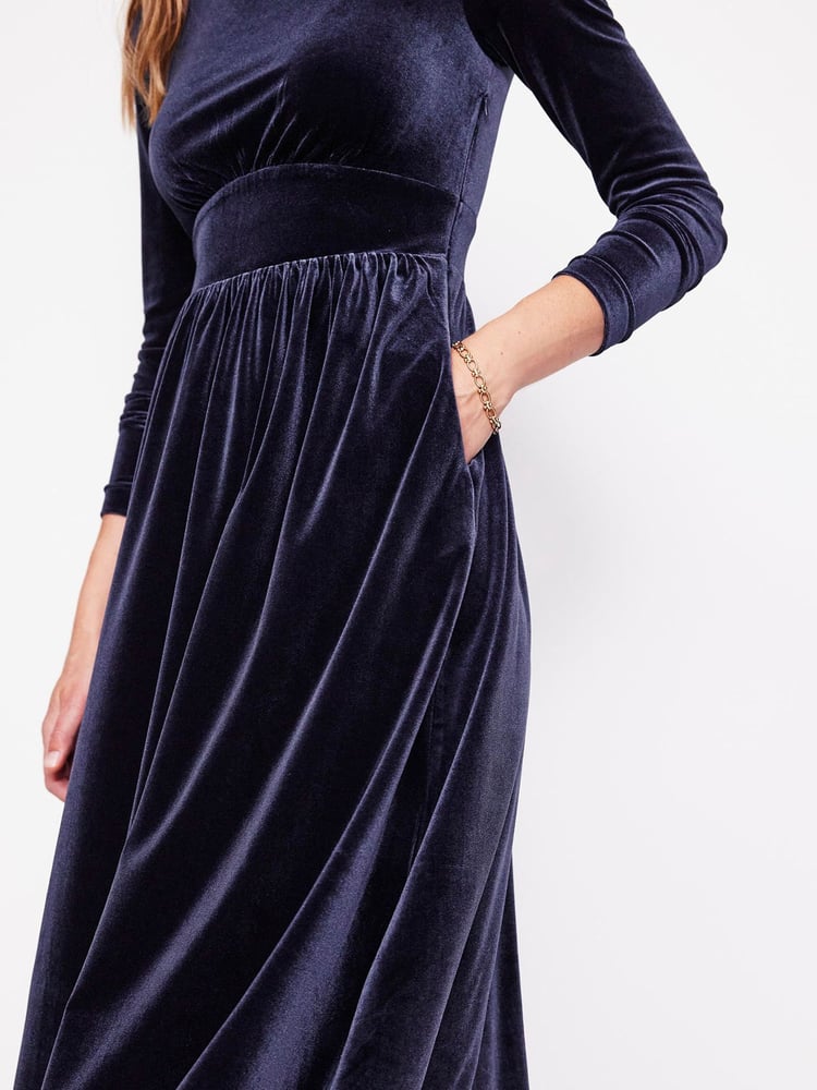 Boden Blue Petite Thea Velvet Jersey Midi Dress - Image 2 of 5 Boden Blue Petite Thea Velvet Jersey Midi Dress - Image 2 of 5