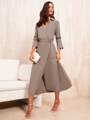 Friends Like These Neutral Petite Long Sleeve Belted Wrap Tailored Dress - Image 2 of 4