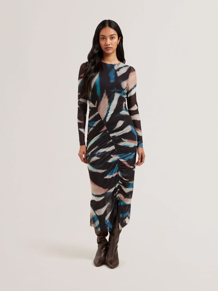 Ted Baker Black Ellylou Printed Mesh Bodycon Gathered Midi Dress - Image 1 of 5 Ted Baker Black Ellylou Printed Mesh Bodycon Gathered Midi Dress - Image 1 of 5